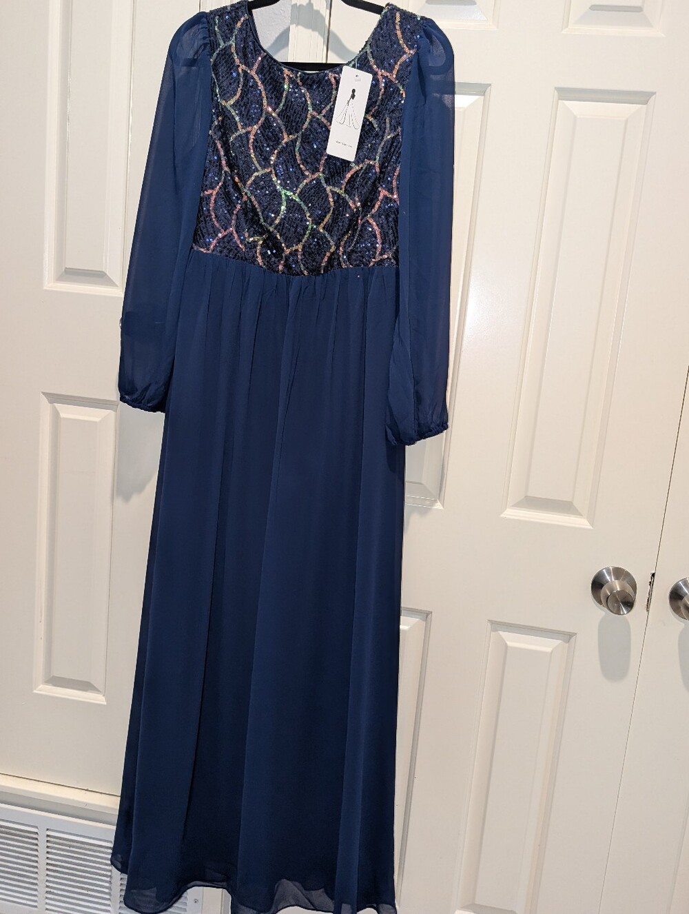 navy sequin and chiffon formal maxi dress